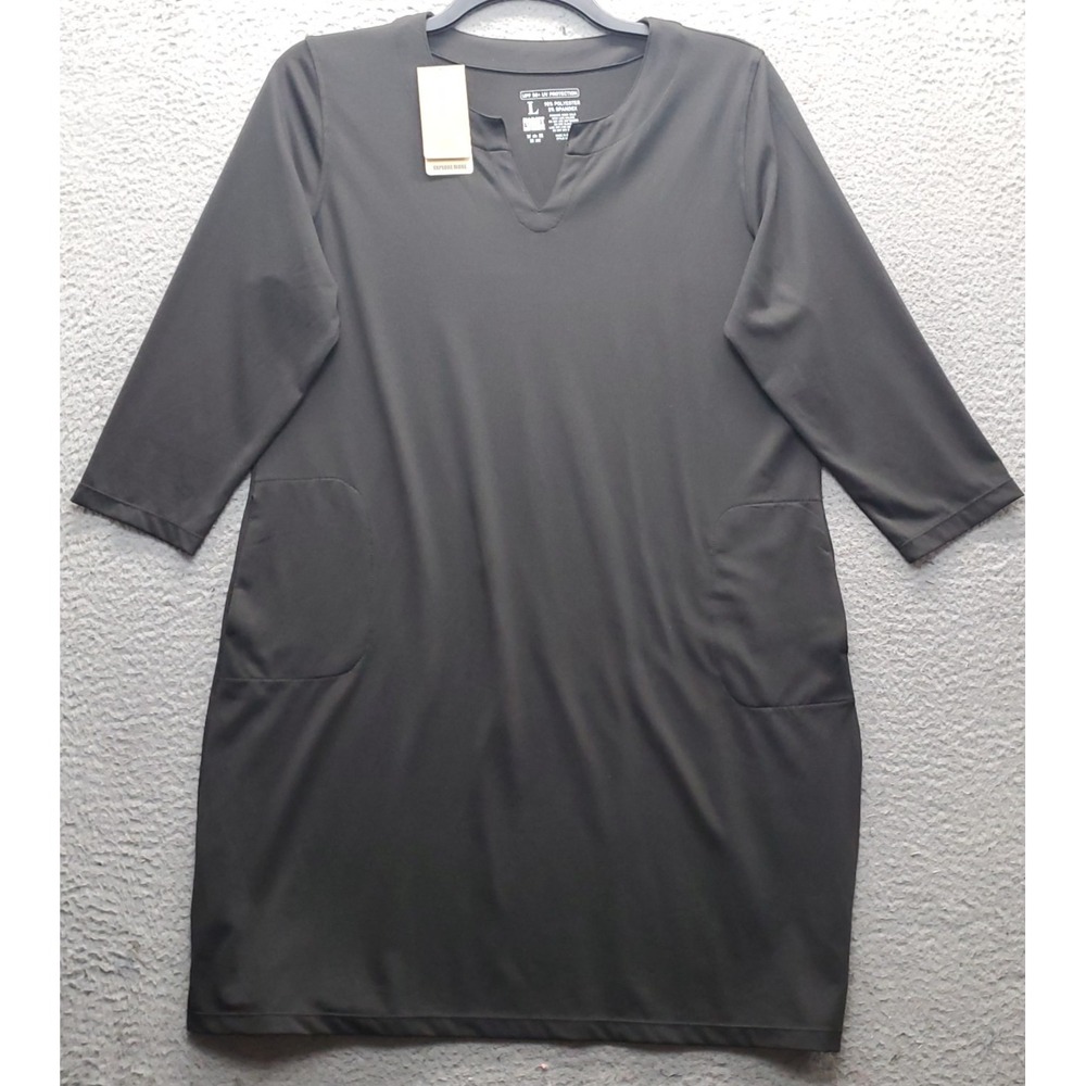 Light Bare Tunic Dress Womens L Black 3/4 Sleeve V-Neck UPF 50+ UV Protection